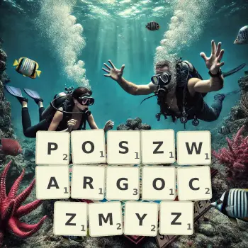 Kreatywna ilustracja do gry w Scrabble ze słowem POSZWARGOCZMYZ ułożonym z płytek na planszy.
