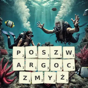 Kreatywna ilustracja do gry w Scrabble ze słowem POSZWARGOCZMYŻ ułożonym z płytek na planszy.