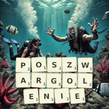 Kreatywna ilustracja do gry w Scrabble ze słowem POSZWARGOLENIE ułożonym z płytek na planszy.