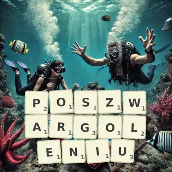 Kreatywna ilustracja do gry w Scrabble ze słowem POSZWARGOLENIU ułożonym z płytek na planszy.