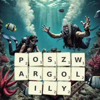 Kreatywna ilustracja do gry w Scrabble ze słowem POSZWARGOLILY ułożonym z płytek na planszy.