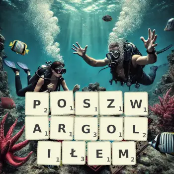 Kreatywna ilustracja do gry w Scrabble ze słowem POSZWARGOLIŁEM ułożonym z płytek na planszy.