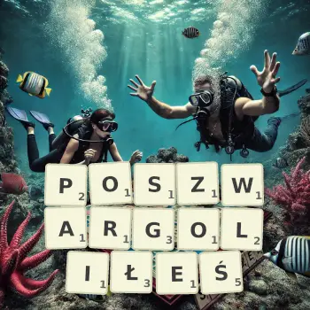 Kreatywna ilustracja do gry w Scrabble ze słowem POSZWARGOLIŁEŚ ułożonym z płytek na planszy.