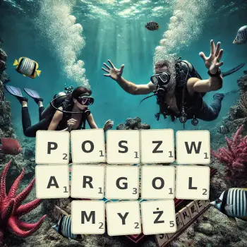 Kreatywna ilustracja do gry w Scrabble ze słowem POSZWARGOLMYŻ ułożonym z płytek na planszy.