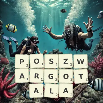 Kreatywna ilustracja do gry w Scrabble ze słowem POSZWARGOTALA ułożonym z płytek na planszy.