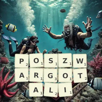 Kreatywna ilustracja do gry w Scrabble ze słowem POSZWARGOTALI ułożonym z płytek na planszy.