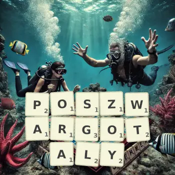 Kreatywna ilustracja do gry w Scrabble ze słowem POSZWARGOTALY ułożonym z płytek na planszy.