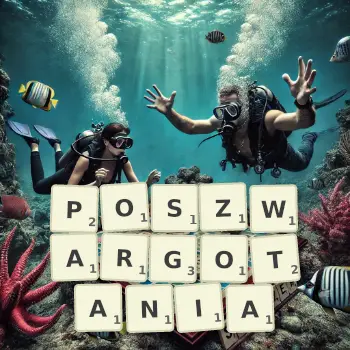 Kreatywna ilustracja do gry w Scrabble ze słowem POSZWARGOTANIA ułożonym z płytek na planszy.