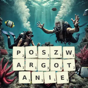 Kreatywna ilustracja do gry w Scrabble ze słowem POSZWARGOTANIE ułożonym z płytek na planszy.