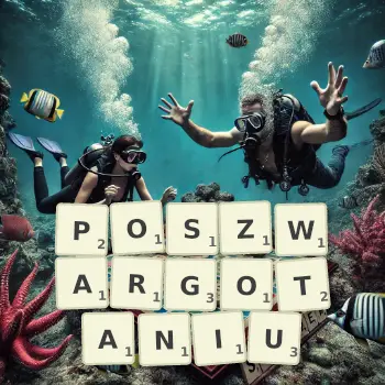 Kreatywna ilustracja do gry w Scrabble ze słowem POSZWARGOTANIU ułożonym z płytek na planszy.