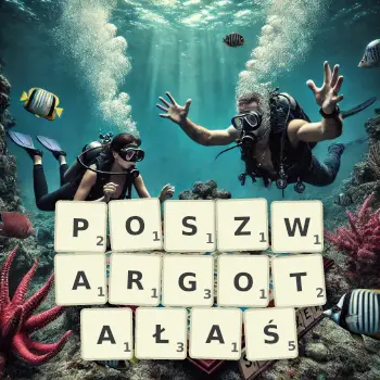 Kreatywna ilustracja do gry w Scrabble ze słowem POSZWARGOTAŁAŚ ułożonym z płytek na planszy.