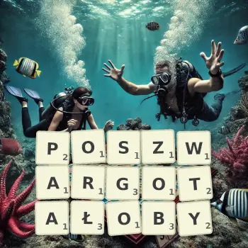 Kreatywna ilustracja do gry w Scrabble ze słowem POSZWARGOTAŁOBY ułożonym z płytek na planszy.
