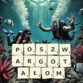 Kreatywna ilustracja do gry w Scrabble ze słowem POSZWARGOTAŁOM ułożonym z płytek na planszy.