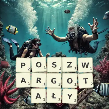Kreatywna ilustracja do gry w Scrabble ze słowem POSZWARGOTAŁY ułożonym z płytek na planszy.