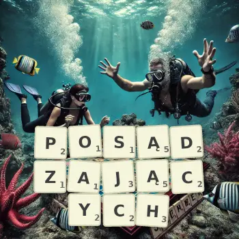 Kreatywna ilustracja do gry w Scrabble ze słowem POSĄDZAJĄCYCH ułożonym z płytek na planszy.