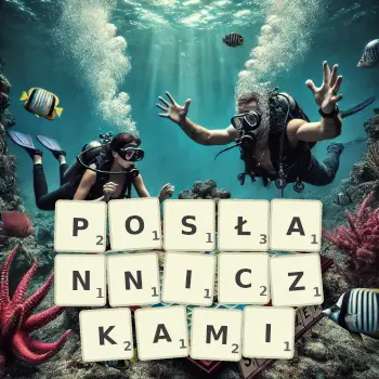 Kreatywna ilustracja do gry w Scrabble ze słowem POSŁANNICZKAMI ułożonym z płytek na planszy.
