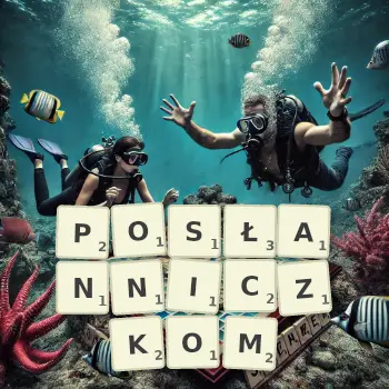 Kreatywna ilustracja do gry w Scrabble ze słowem POSŁANNICZKOM ułożonym z płytek na planszy.