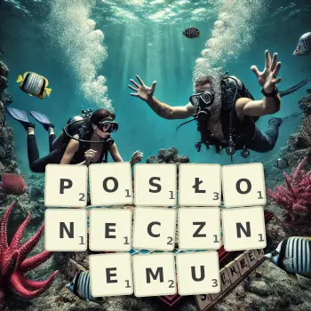 Kreatywna ilustracja do gry w Scrabble ze słowem POSŁONECZNEMU ułożonym z płytek na planszy.