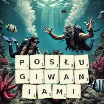 Kreatywna ilustracja do gry w Scrabble ze słowem POSŁUGIWANIAMI ułożonym z płytek na planszy.