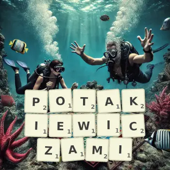 Kreatywna ilustracja do gry w Scrabble ze słowem POTAKIEWICZAMI ułożonym z płytek na planszy.