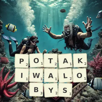 Kreatywna ilustracja do gry w Scrabble ze słowem POTAKIWALOBYS ułożonym z płytek na planszy.