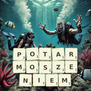 Kreatywna ilustracja do gry w Scrabble ze słowem POTARMOSZENIEM ułożonym z płytek na planszy.