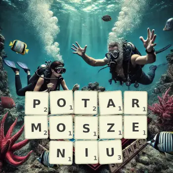 Kreatywna ilustracja do gry w Scrabble ze słowem POTARMOSZENIU ułożonym z płytek na planszy.