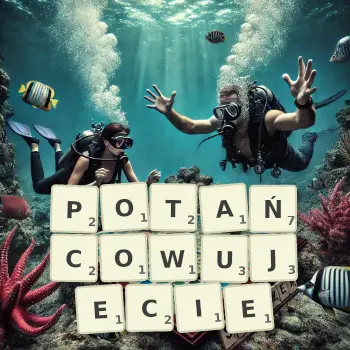 Kreatywna ilustracja do gry w Scrabble ze słowem POTAŃCOWUJECIE ułożonym z płytek na planszy.