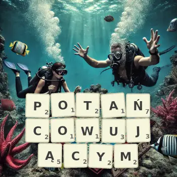 Kreatywna ilustracja do gry w Scrabble ze słowem POTAŃCOWUJĄCYM ułożonym z płytek na planszy.
