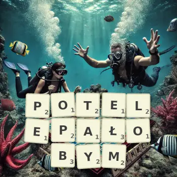 Kreatywna ilustracja do gry w Scrabble ze słowem POTELEPAŁOBYM ułożonym z płytek na planszy.