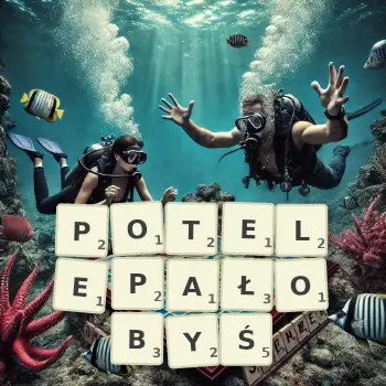 Kreatywna ilustracja do gry w Scrabble ze słowem POTELEPAŁOBYŚ ułożonym z płytek na planszy.
