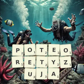 Kreatywna ilustracja do gry w Scrabble ze słowem POTEORETYZUJA ułożonym z płytek na planszy.