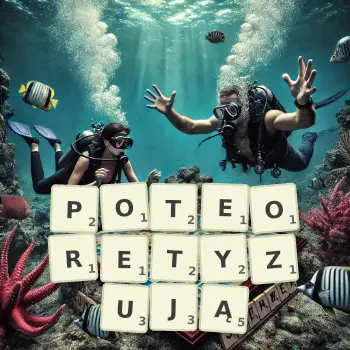 Kreatywna ilustracja do gry w Scrabble ze słowem POTEORETYZUJĄ ułożonym z płytek na planszy.