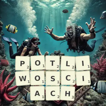 Kreatywna ilustracja do gry w Scrabble ze słowem POTLIWOSCIACH ułożonym z płytek na planszy.