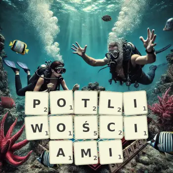 Kreatywna ilustracja do gry w Scrabble ze słowem POTLIWOŚCIAMI ułożonym z płytek na planszy.
