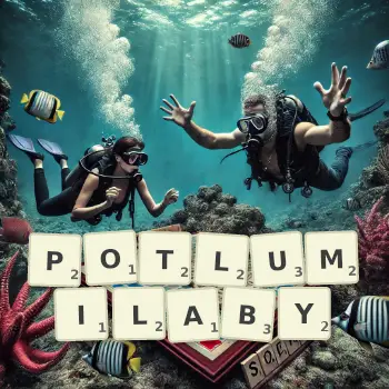 Kreatywna ilustracja do gry w Scrabble ze słowem POTLUMILABY ułożonym z płytek na planszy.
