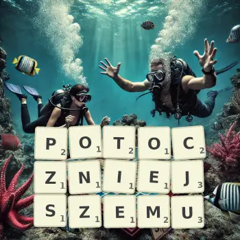 Kreatywna ilustracja do gry w Scrabble ze słowem POTOCZNIEJSZEMU ułożonym z płytek na planszy.
