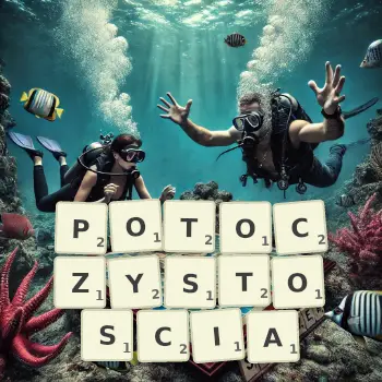 Kreatywna ilustracja do gry w Scrabble ze słowem POTOCZYSTOSCIA ułożonym z płytek na planszy.