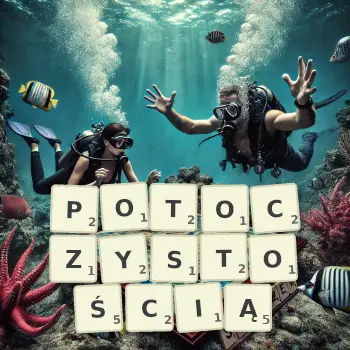 Kreatywna ilustracja do gry w Scrabble ze słowem POTOCZYSTOŚCIĄ ułożonym z płytek na planszy.