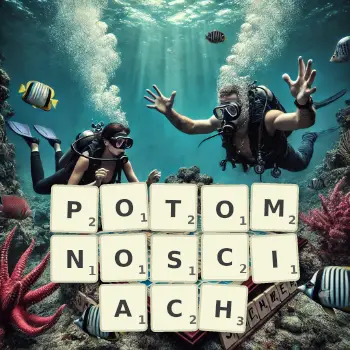Kreatywna ilustracja do gry w Scrabble ze słowem POTOMNOSCIACH ułożonym z płytek na planszy.