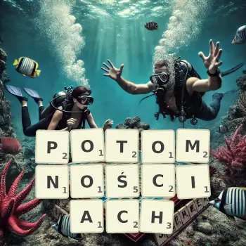 Kreatywna ilustracja do gry w Scrabble ze słowem POTOMNOŚCIACH ułożonym z płytek na planszy.