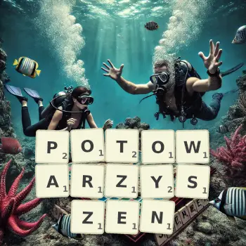 Kreatywna ilustracja do gry w Scrabble ze słowem POTOWARZYSZEN ułożonym z płytek na planszy.