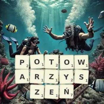 Kreatywna ilustracja do gry w Scrabble ze słowem POTOWARZYSZEŃ ułożonym z płytek na planszy.