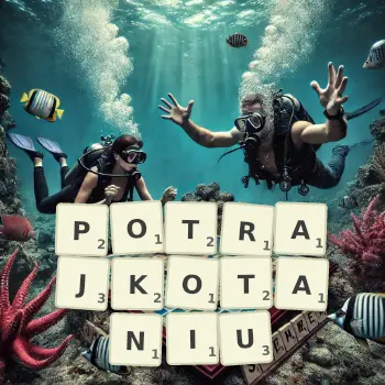 Kreatywna ilustracja do gry w Scrabble ze słowem POTRAJKOTANIU ułożonym z płytek na planszy.