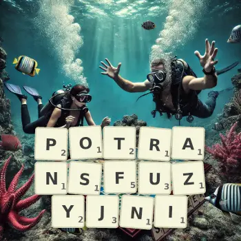 Kreatywna ilustracja do gry w Scrabble ze słowem POTRANSFUZYJNI ułożonym z płytek na planszy.