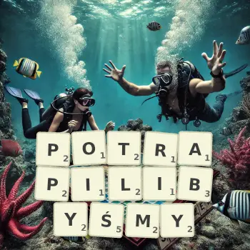 Kreatywna ilustracja do gry w Scrabble ze słowem POTRAPILIBYŚMY ułożonym z płytek na planszy.