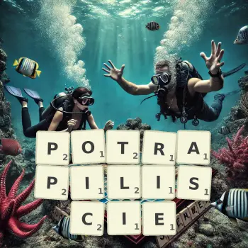 Kreatywna ilustracja do gry w Scrabble ze słowem POTRAPILISCIE ułożonym z płytek na planszy.