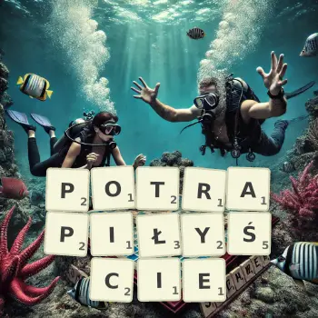 Kreatywna ilustracja do gry w Scrabble ze słowem POTRAPIŁYŚCIE ułożonym z płytek na planszy.