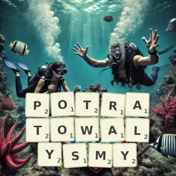 Kreatywna ilustracja do gry w Scrabble ze słowem POTRATOWALYSMY ułożonym z płytek na planszy.
