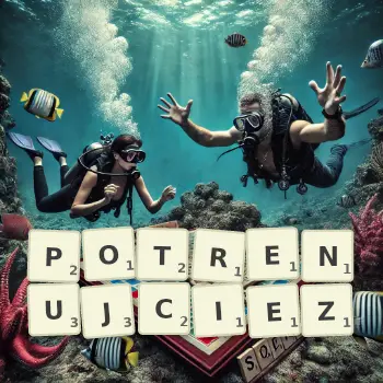 Kreatywna ilustracja do gry w Scrabble ze słowem POTRENUJCIEZ ułożonym z płytek na planszy.